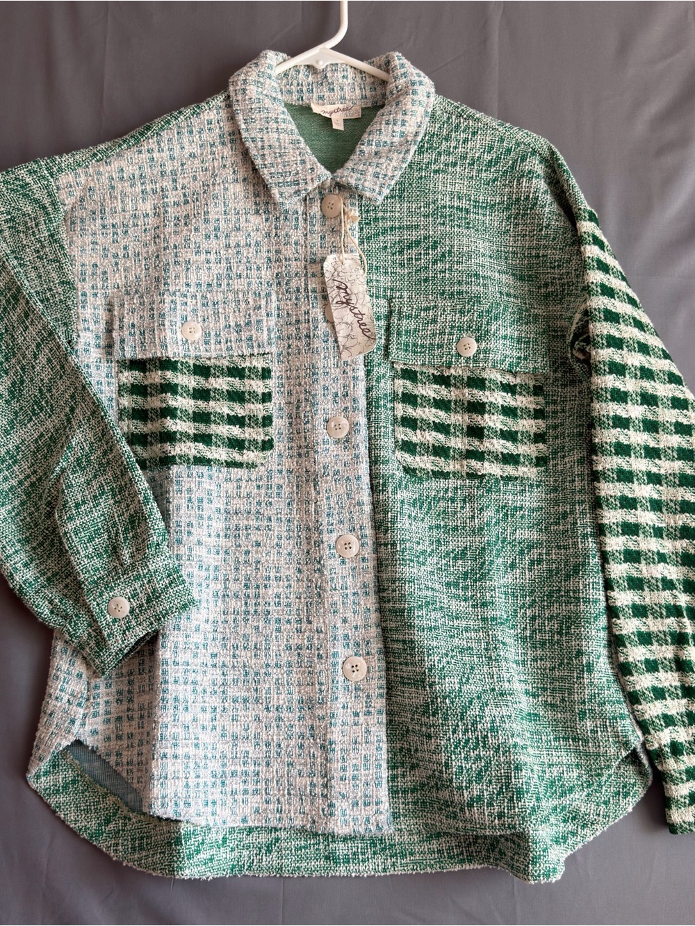 Mystree Textured Green & Cream Button-Front Cardigan (E0003)